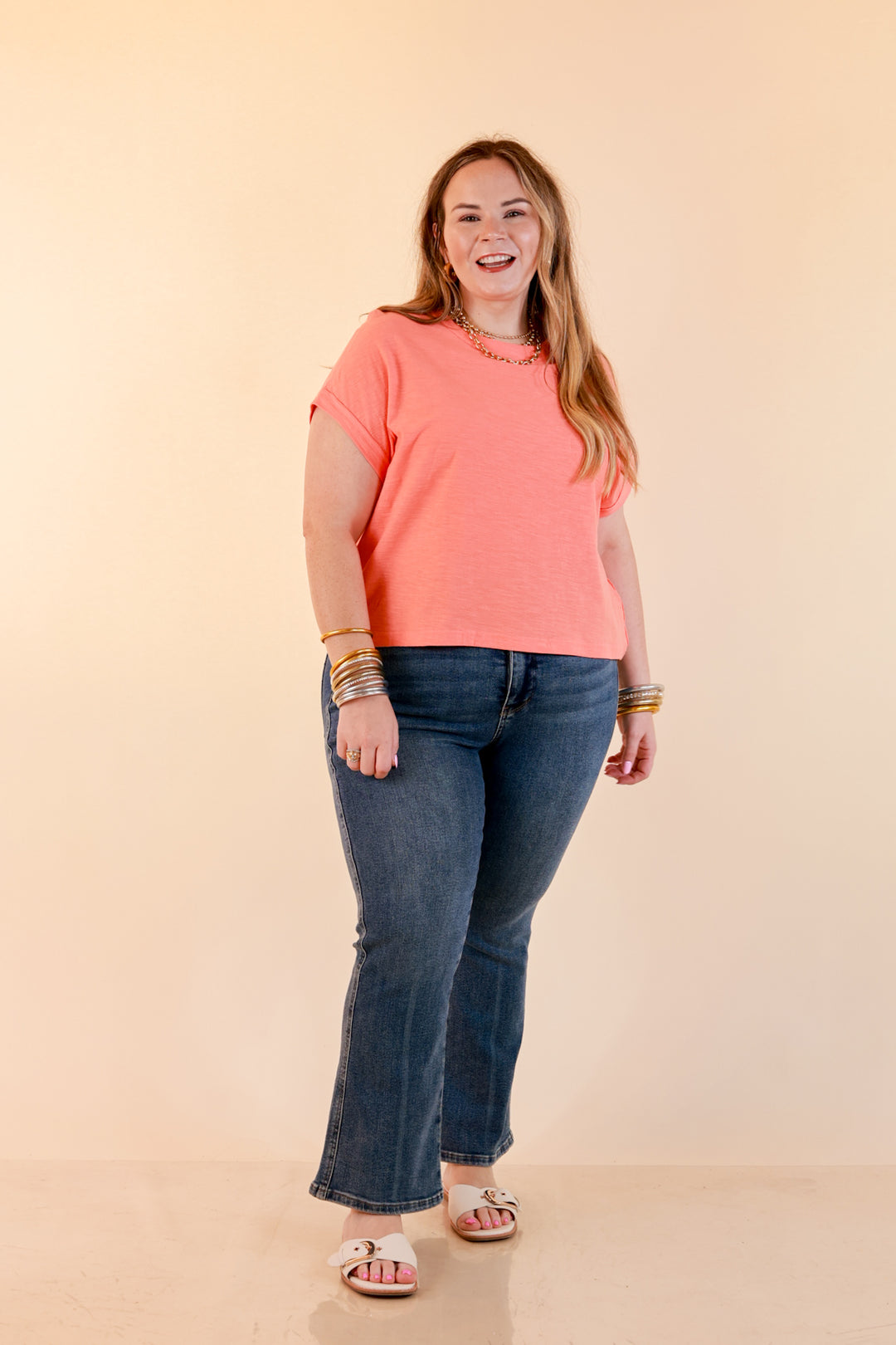 Laidback Luxe Rolled Drop Sleeve Relaxed Fit Basic Short Sleeve Top in Coral Orange