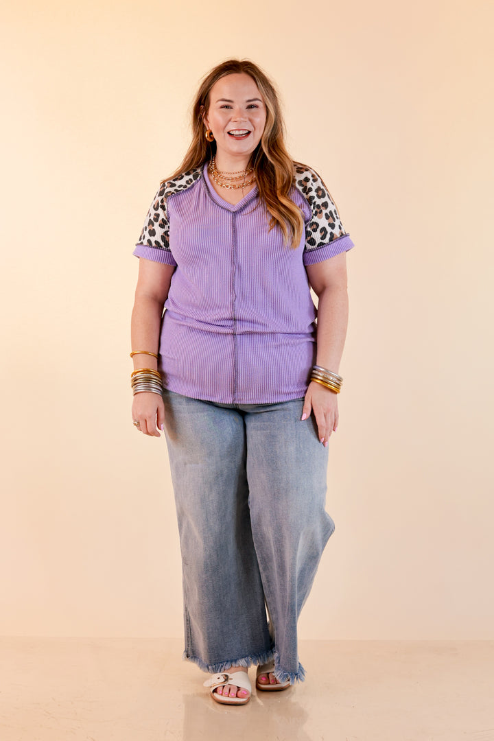 Easy Attraction Waffle Knit V Neck Top with Leopard Print Sleeves in Lavender Purple