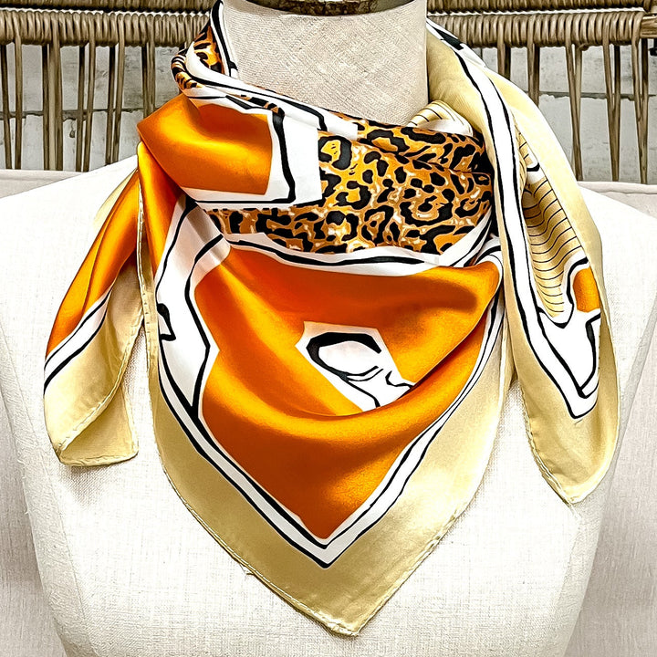 Rodeo Run Western Horse and Leopard Print Silk Feel Square Scarf in Tan