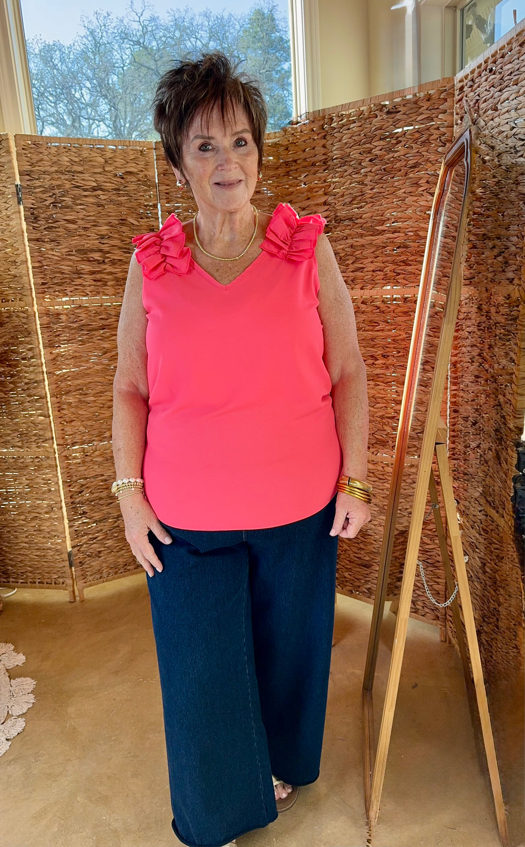 Plus Sizes | Ruffle Trim Sleeveless Top in Neon Pink