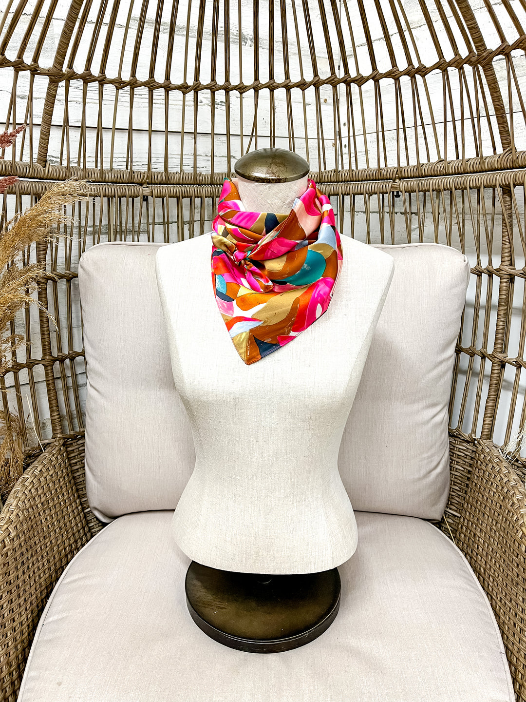 Tropical Bloom Floral Abstract Floral Silk Feel Square Scarf in Hot Pink, Teal and Tan