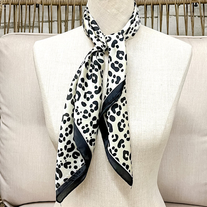 Wild Elegance Silk Feel Square Scarf in Black and Ivory Leopard Print