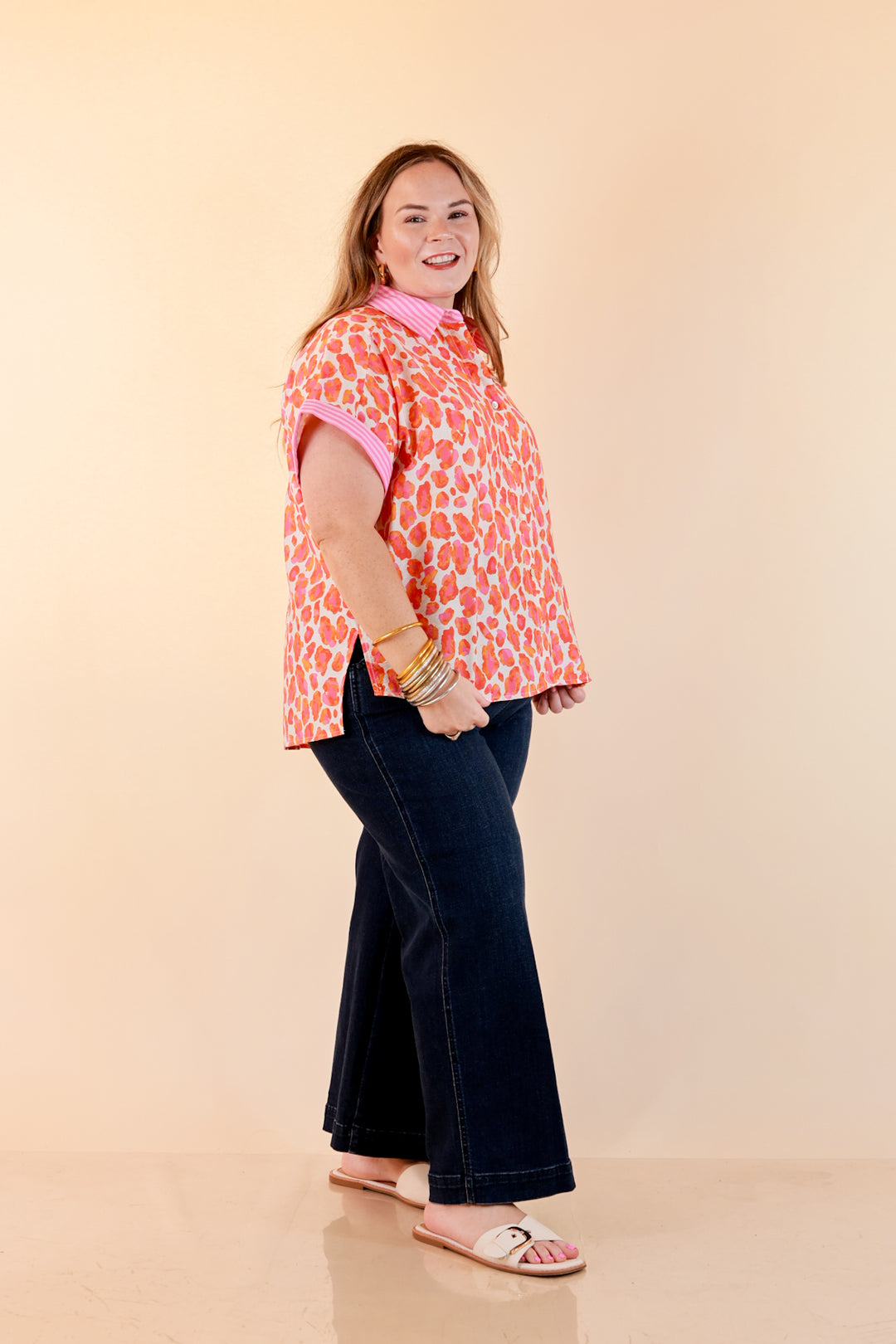 Talk the Talk Leopard Print Button Front Top with Stripe Contrast Collar in Pink and Orange
