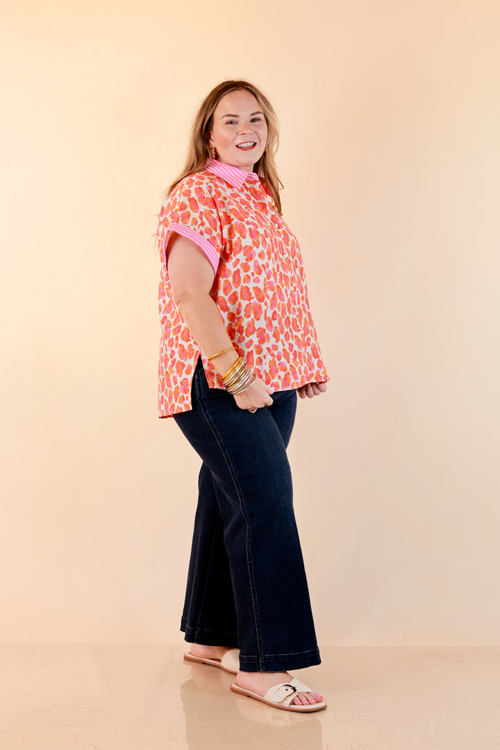 Talk the Talk Leopard Print Button Front Top with Stripe Contrast Collar in Pink and Orange