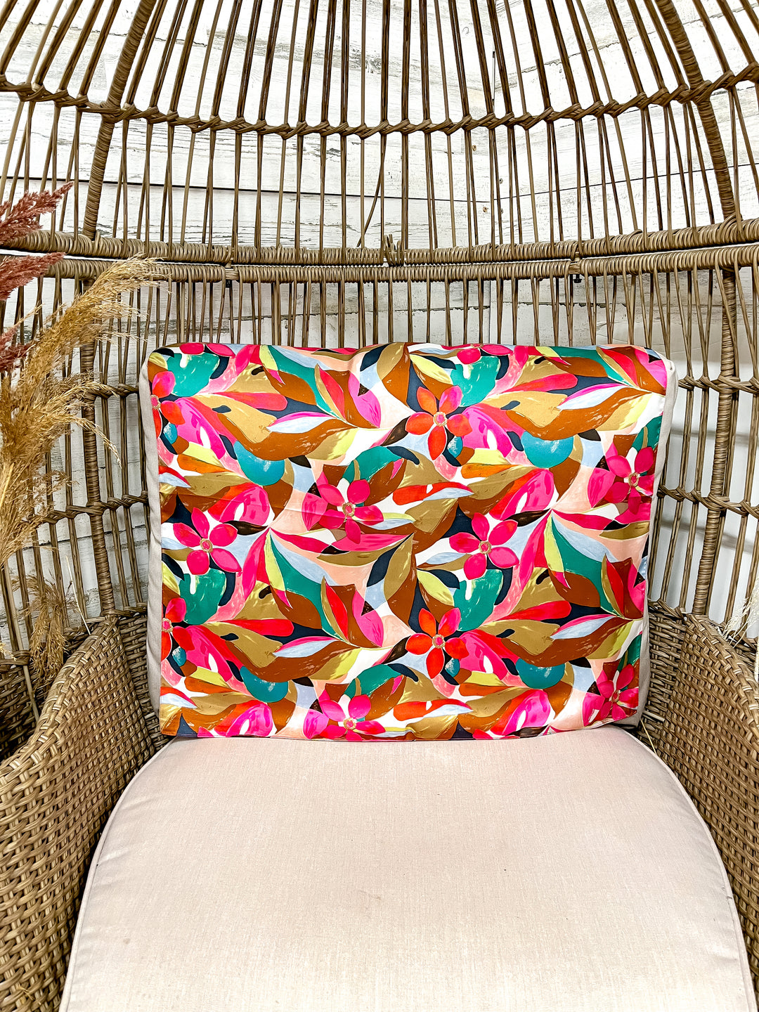 Tropical Bloom Floral Abstract Floral Silk Feel Square Scarf in Hot Pink, Teal and Tan