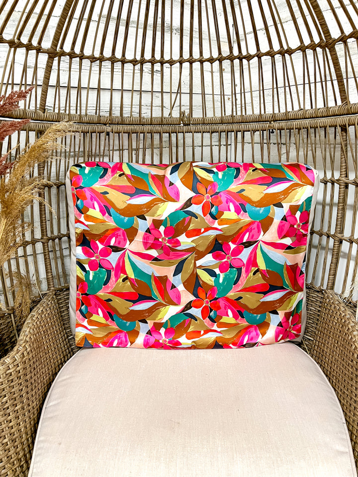 Tropical Bloom Floral Abstract Floral Silk Feel Square Scarf in Hot Pink, Teal and Tan