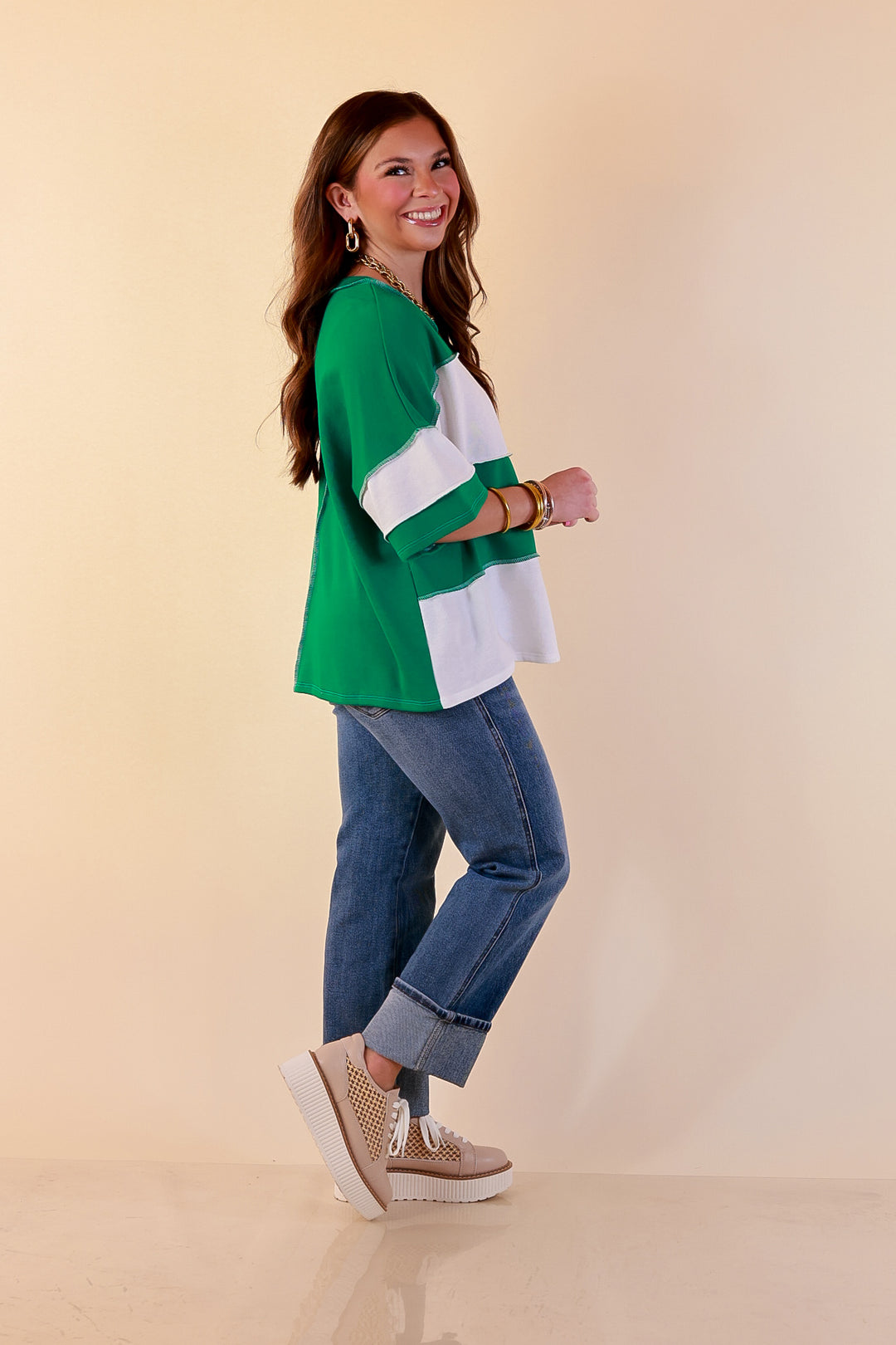 Simply Striking Color Block Rugby Style Wide Stripe Relaxed Short Sleeve Top in Kelly Green