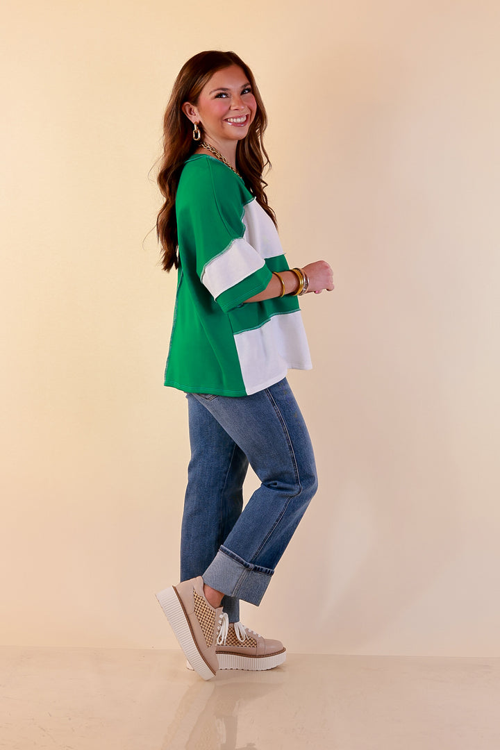Simply Striking Color Block Rugby Style Wide Stripe Relaxed Short Sleeve Top in Kelly Green
