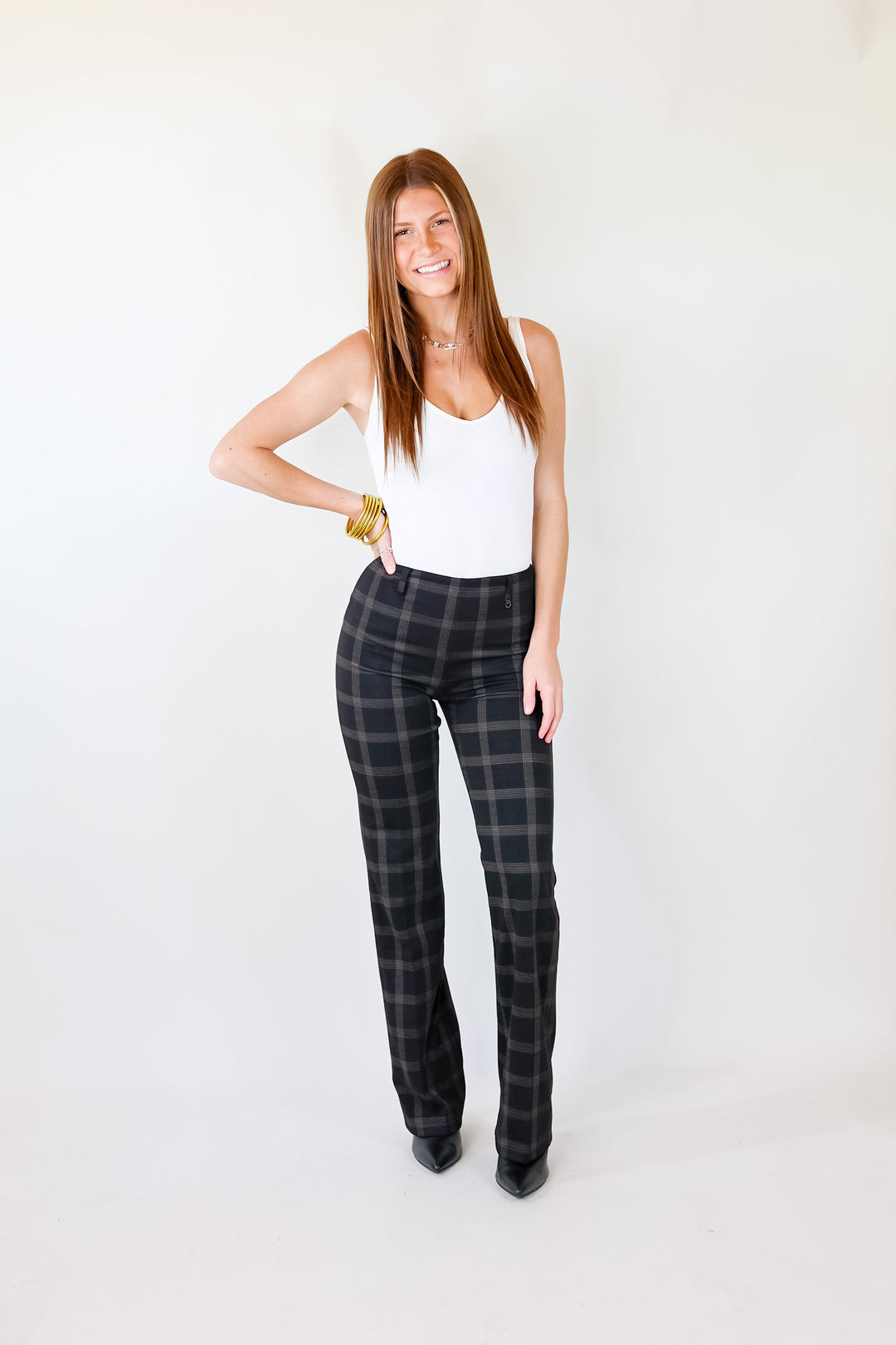 Lyssé | Plaid Baby Bootcut Pants in Black - Giddy Up Glamour Boutique