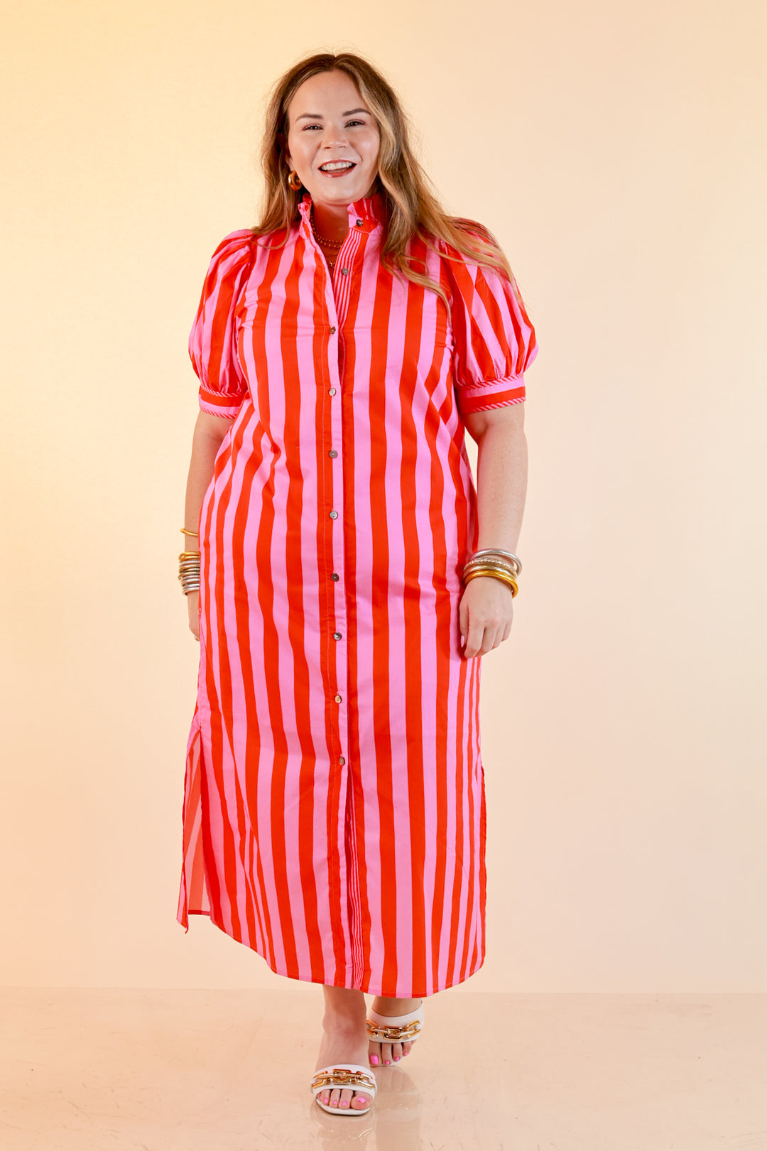 Strut and Shine Stripe Midi Dress with Button Front Detail and Puff Sleeves in Pink and Red