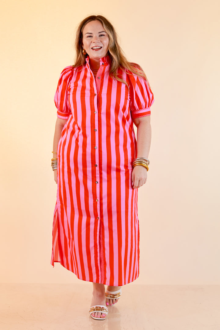 Strut and Shine Stripe Midi Dress with Button Front Detail and Puff Sleeves in Pink and Red