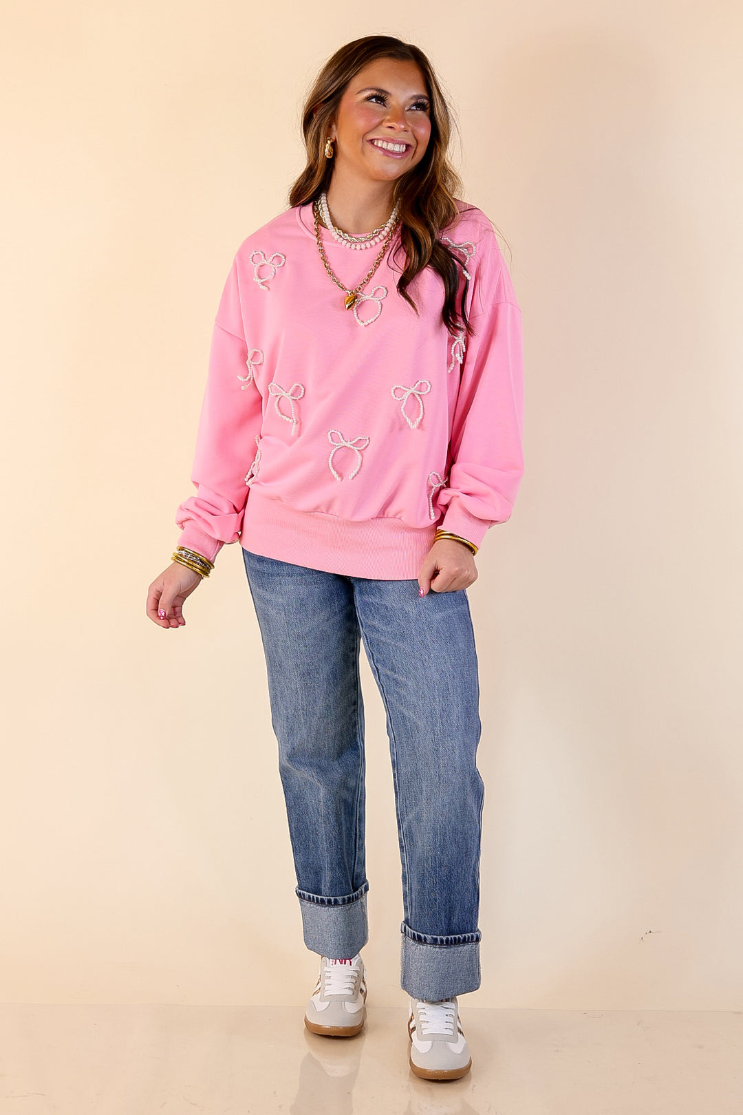 All Tied Up Pearl Bow Detail Long Sleeve Top with Scattered Bow Accents in Pink