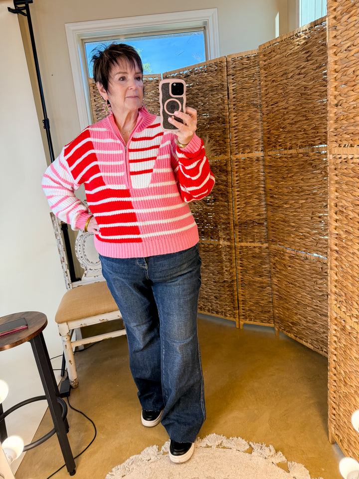 Sweetheart Stripe Half Zip Striped Sweater in Red and Pink