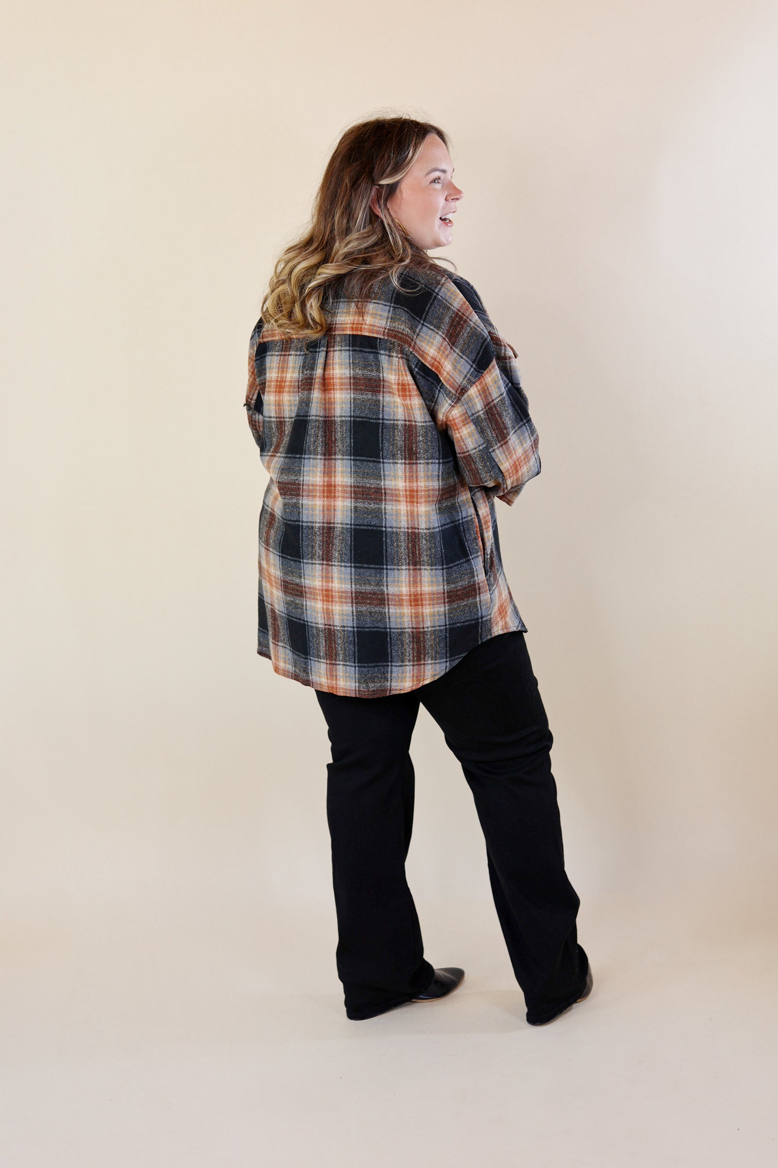 Kindness Everywhere Button Up Plaid Shacket in Black Mix - Giddy Up Glamour Boutique