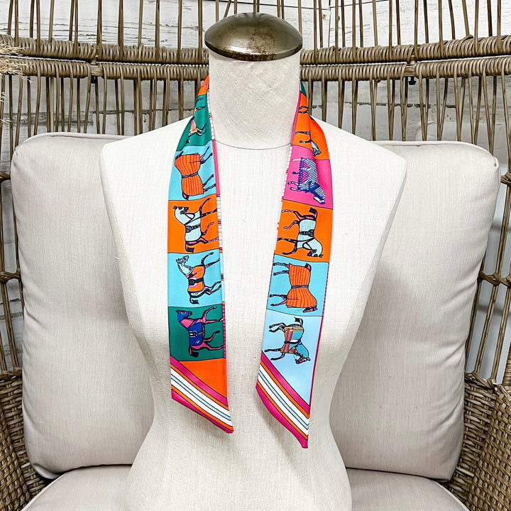 Pony Power Equestrian Twilly Scarf in Bright Turquoise, Orange and Green
