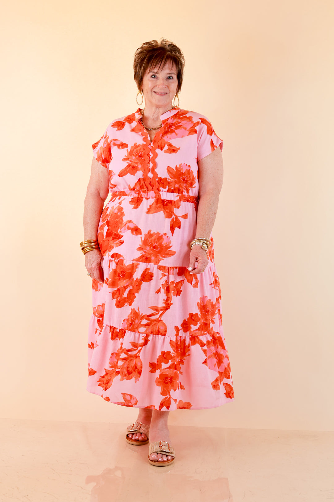 Petals at Play Ric Rac Trim Flutter Sleeve Tiered Midi Dress with Floral Print in Pink and Orange
