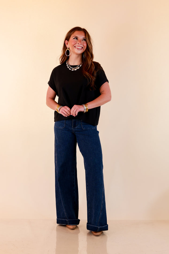 Laidback Luxe Rolled Drop Sleeve Relaxed Fit Basic Short Sleeve Top in Black