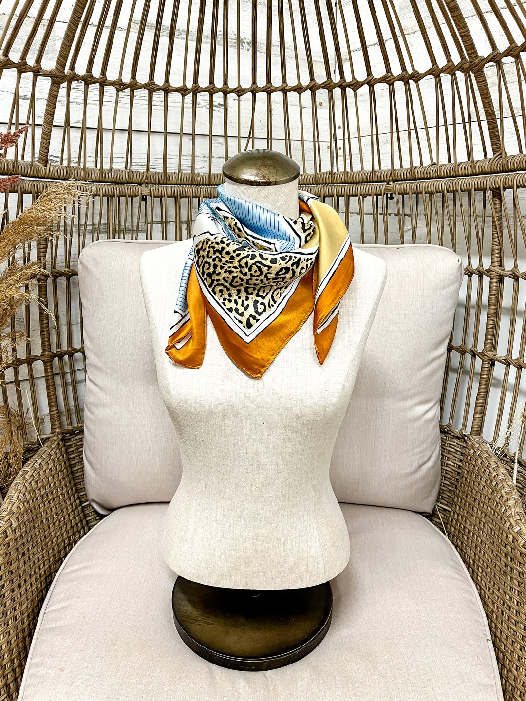 Rodeo Run Western Horse and Leopard Print Silk Feel Square Scarf in Blue