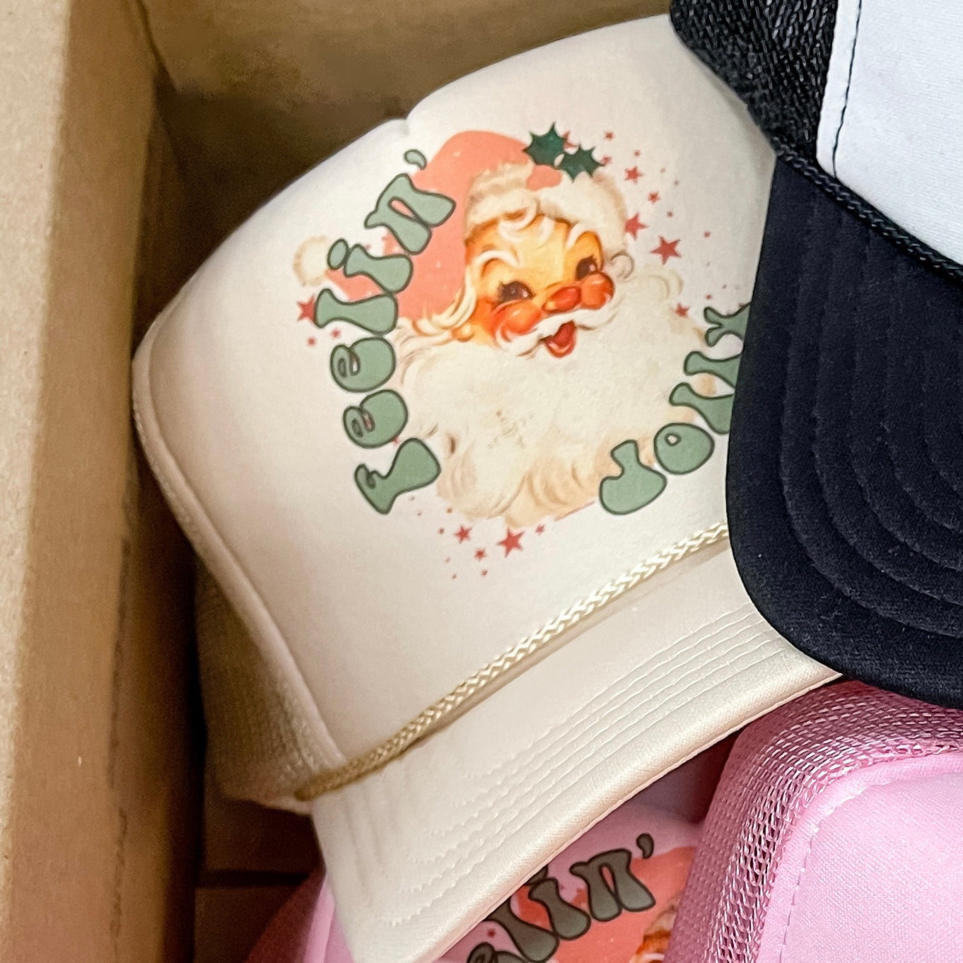 Online Exclusive | Feelin’ Jolly Foam Trucker Cap in Cream - Giddy Up Glamour Boutique