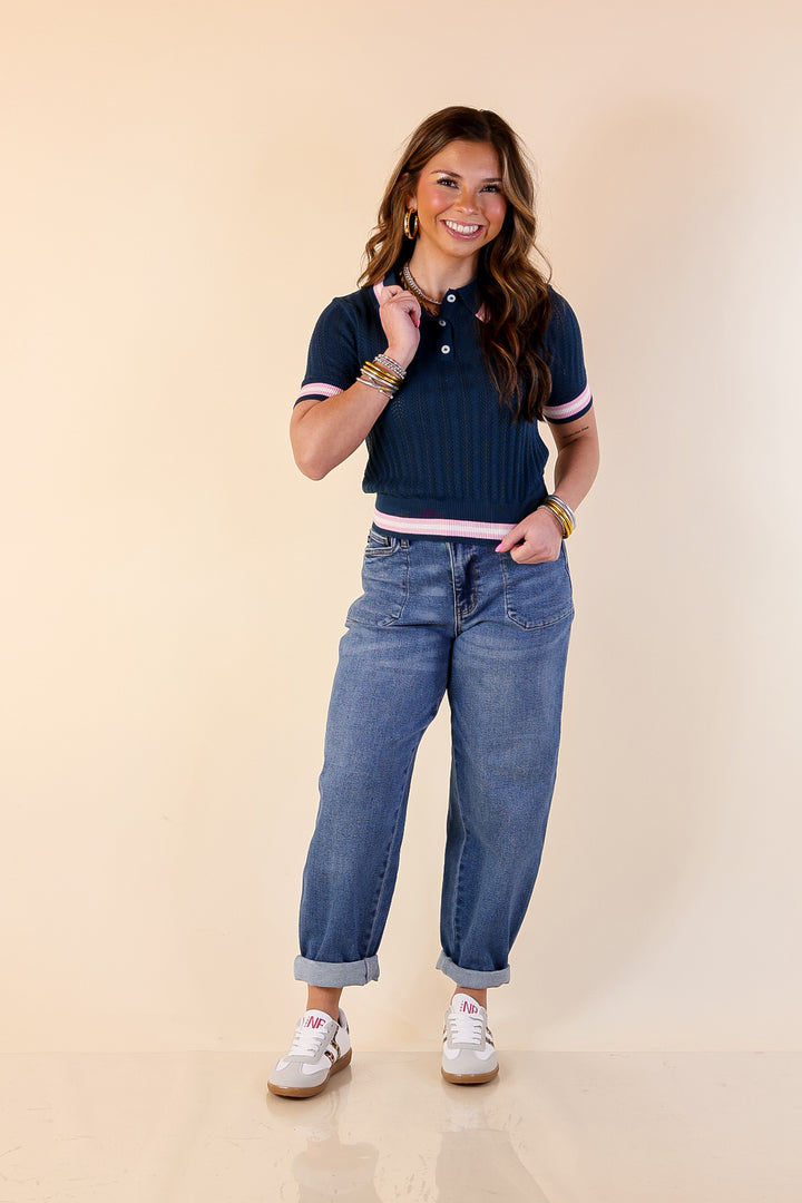 Simply Southern | Clean and Classic Collared Polo Top with Pink and Ivory Trim in Navy Blue