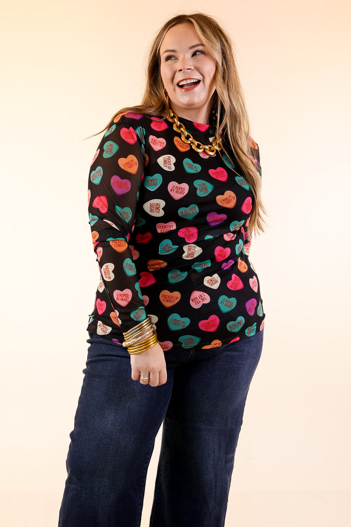 Sheer Confidence Western Theme Conversation Heart Print Mesh Long Sleeve Top in Black