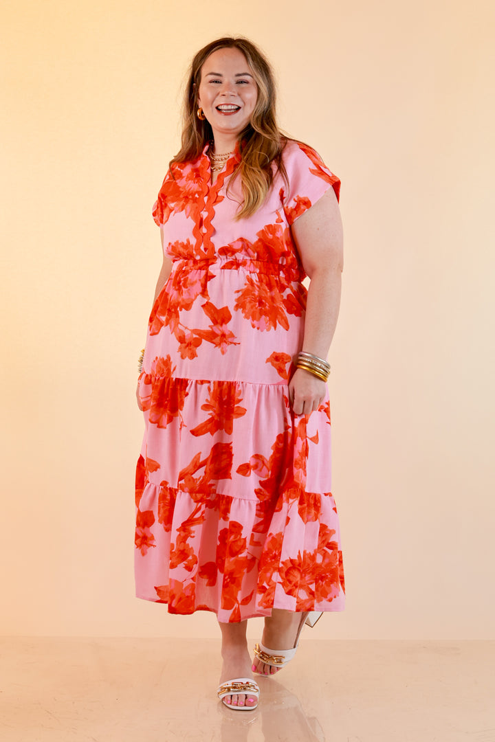 Petals at Play Ric Rac Trim Flutter Sleeve Tiered Midi Dress with Floral Print in Pink and Orange