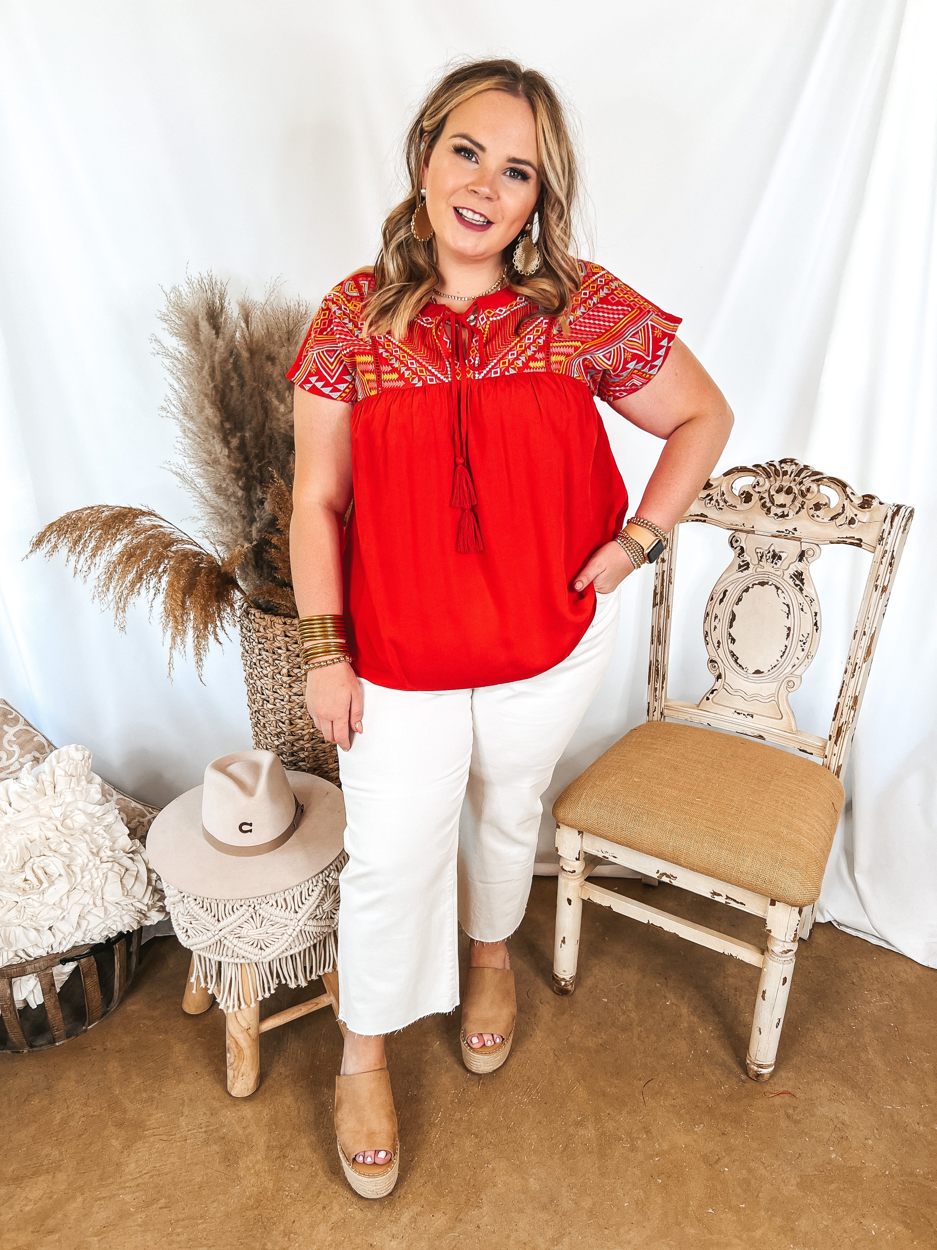 Forgotten Paradise Embroidered Top with Front Tie in Red - Giddy Up Glamour Boutique