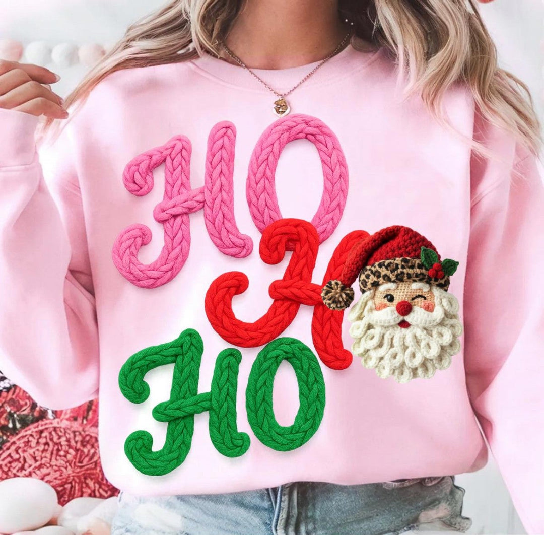 Custom Made to Order | Faux Yarn Ho Ho Santa Graphic Tee or Sweatshirt in Multiple Printing Options on Light Pink
