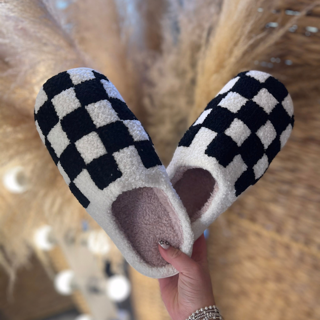 Barefoot Bliss Slide On Slippers in Black and White Checkered