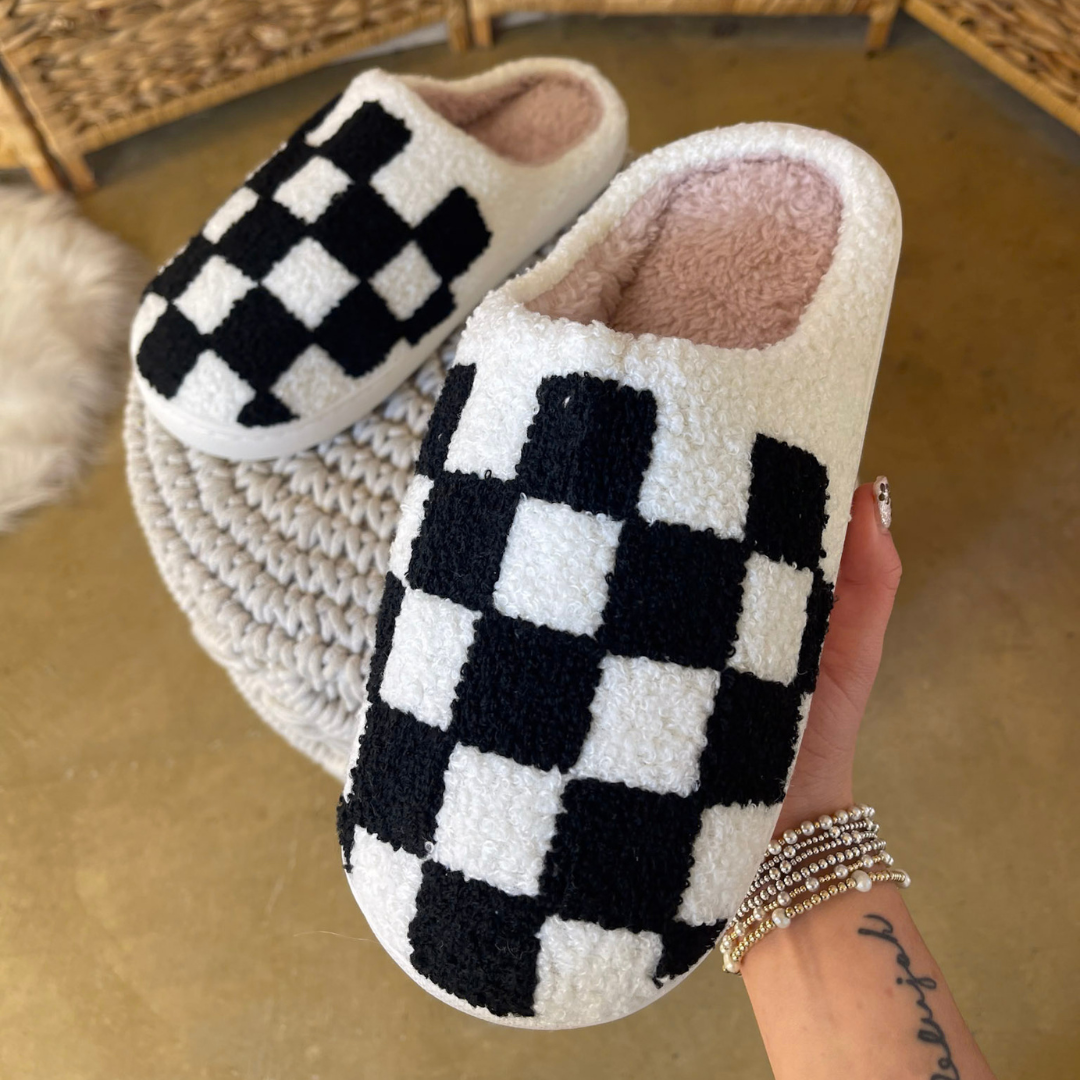 Barefoot Bliss Slide On Slippers in Black and White Checkered