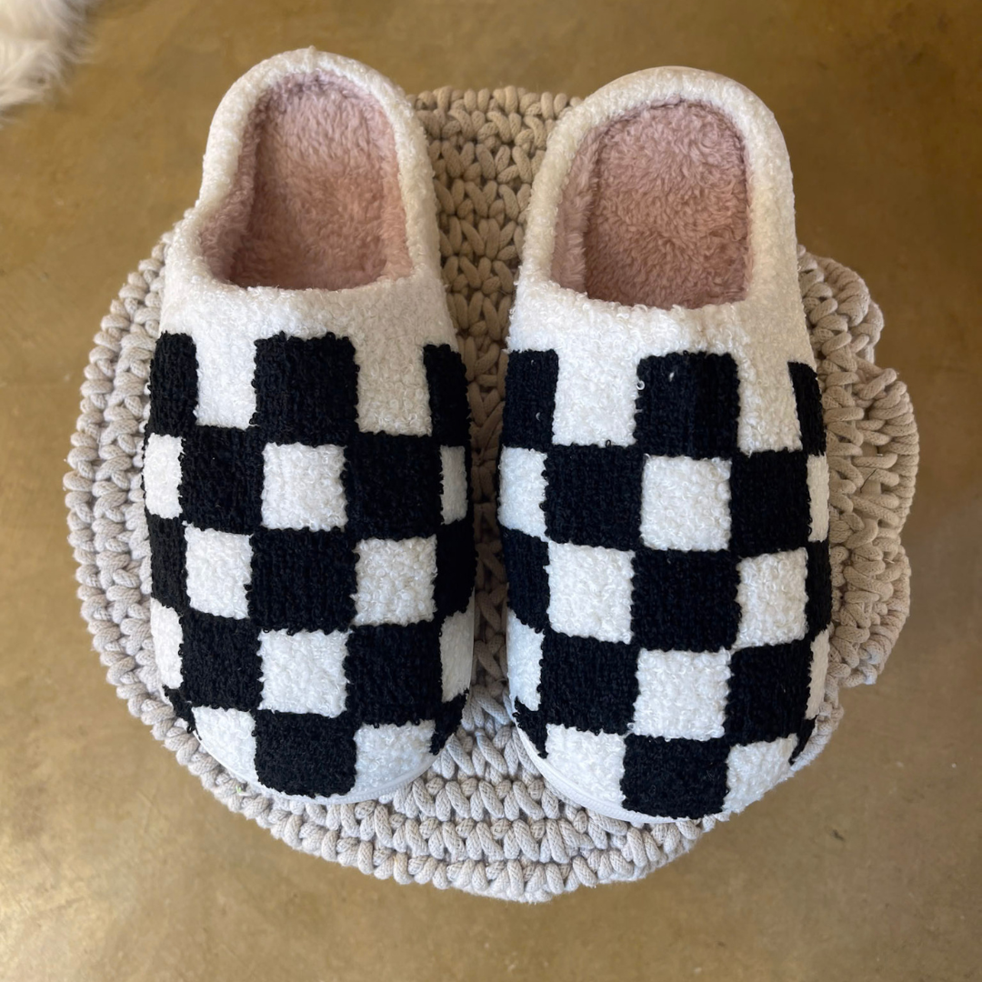 Barefoot Bliss Slide On Slippers in Black and White Checkered