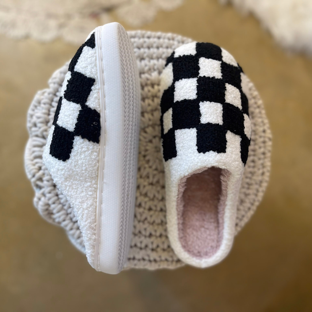 Barefoot Bliss Slide On Slippers in Black and White Checkered