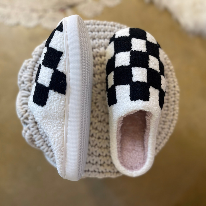 Barefoot Bliss Slide On Slippers in Black and White Checkered