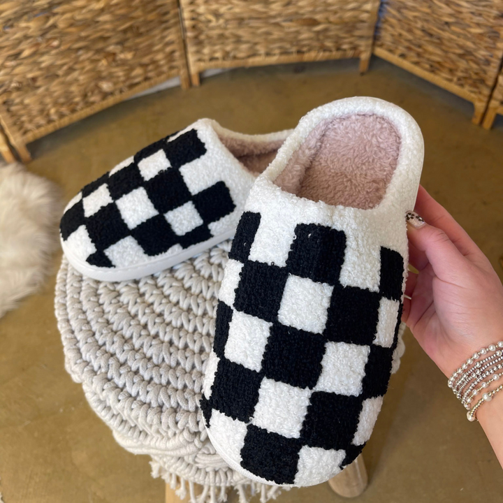 Barefoot Bliss Slide On Slippers in Black and White Checkered
