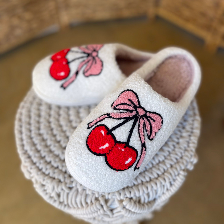 Barefoot Bliss Slide On Slippers in Ivory with Cherry and Bows
