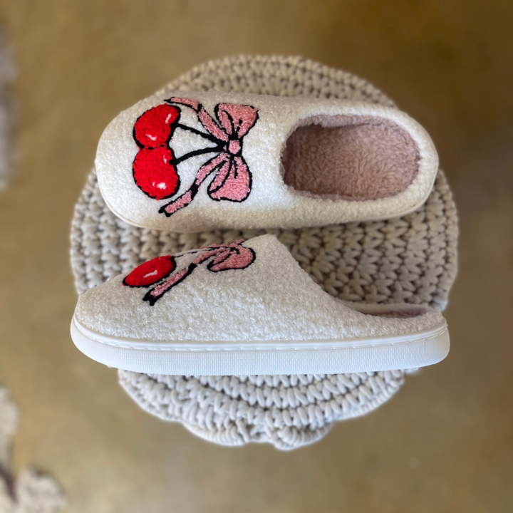 Barefoot Bliss Slide On Slippers in Ivory with Cherry and Bows