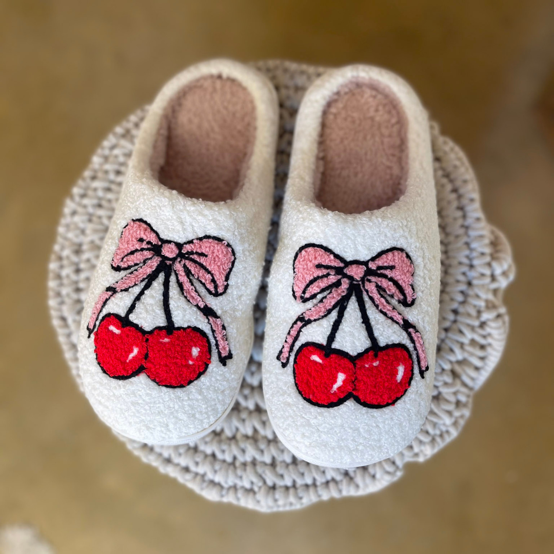 Barefoot Bliss Slide On Slippers in Ivory with Cherry and Bows