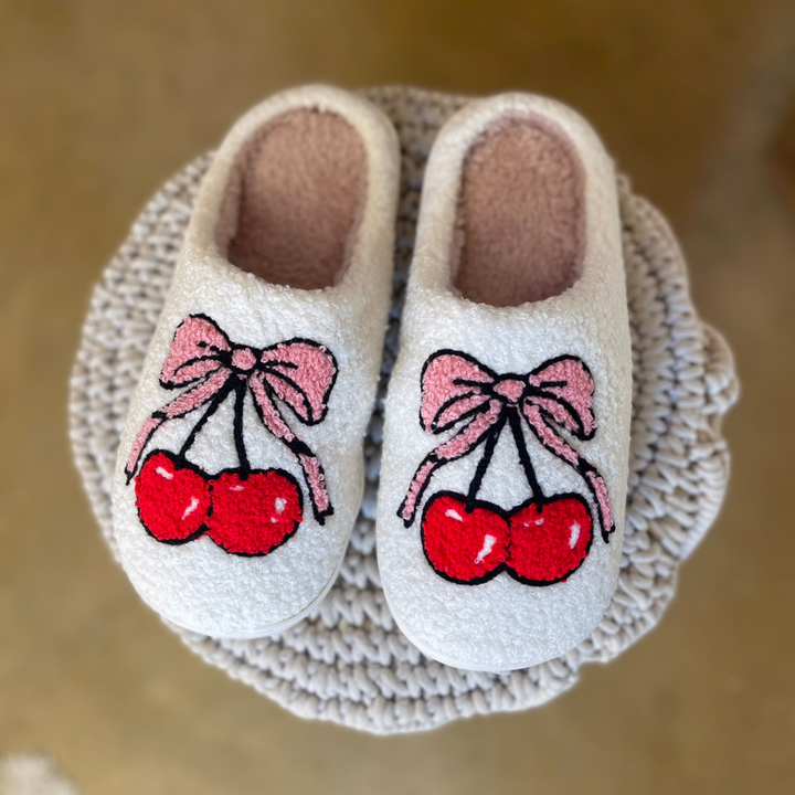 Barefoot Bliss Slide On Slippers in Ivory with Cherry and Bows