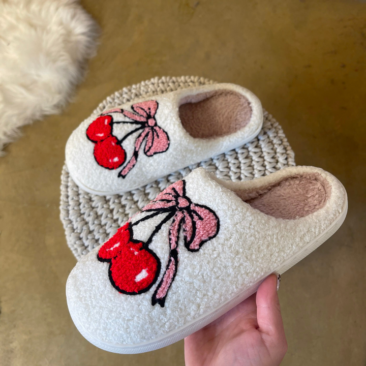 Barefoot Bliss Slide On Slippers in Ivory with Cherry and Bows