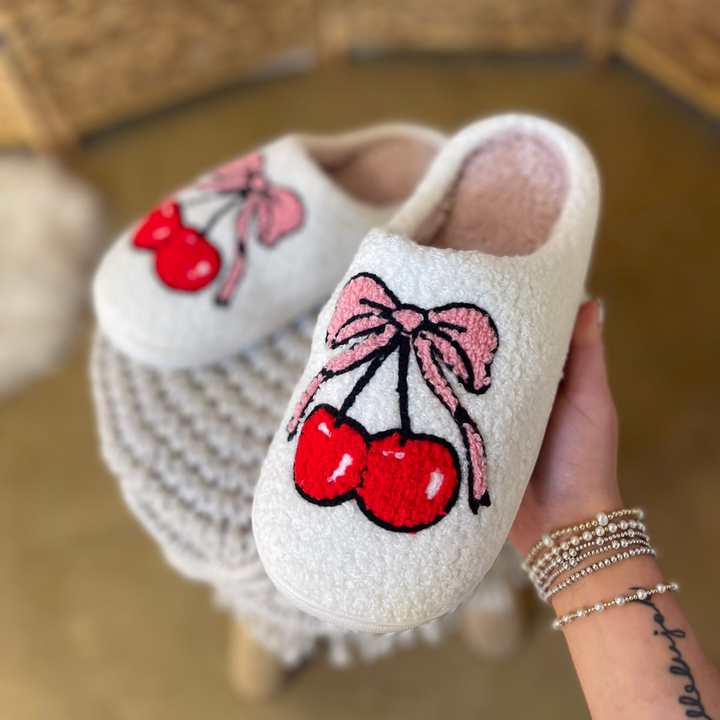 Barefoot Bliss Slide On Slippers in Ivory with Cherry and Bows