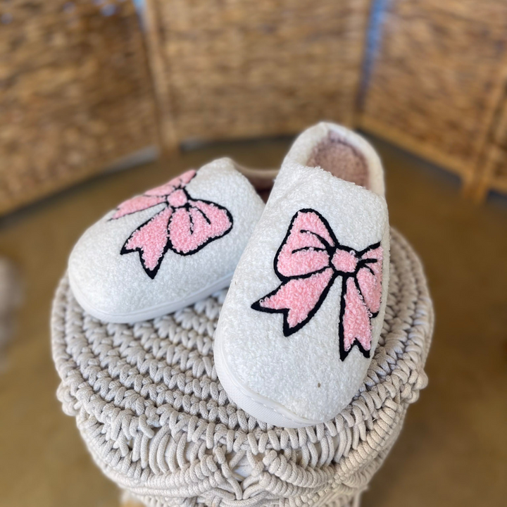 Barefoot Bliss Slide On Slippers in Ivory with Pink Bow