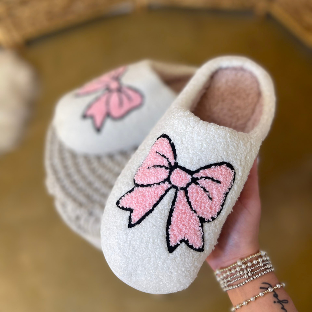Barefoot Bliss Slide On Slippers in Ivory with Pink Bow