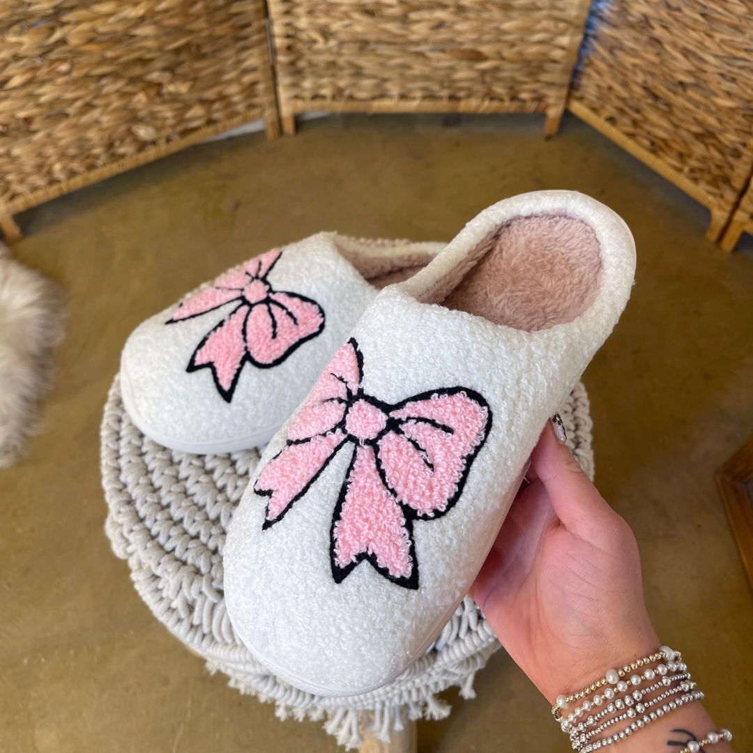 Barefoot Bliss Slide On Slippers in Ivory with Pink Bow