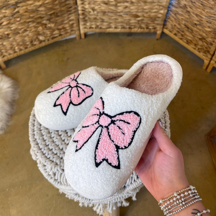 Barefoot Bliss Slide On Slippers in Ivory with Pink Bow