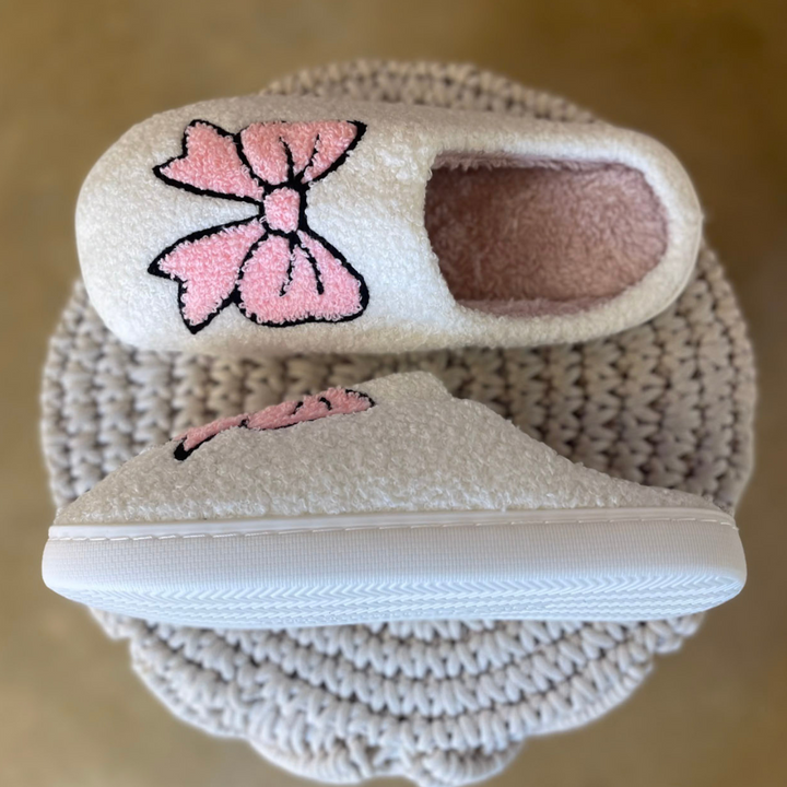 Barefoot Bliss Slide On Slippers in Ivory with Pink Bow