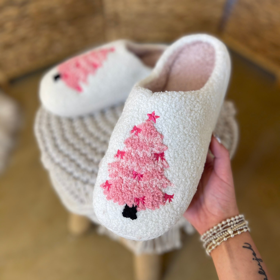 Barefoot Bliss Slide On Slippers in Ivory with Pink Christmas Tree