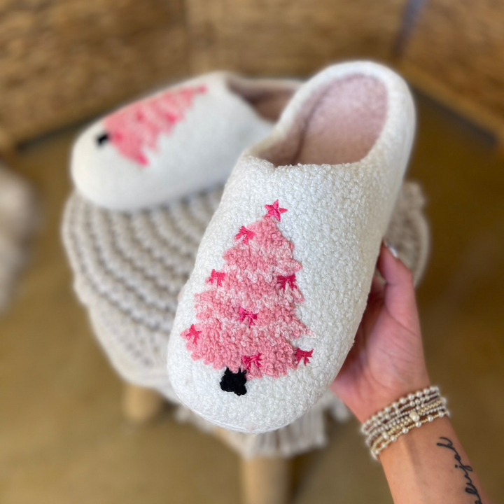 Barefoot Bliss Slide On Slippers in Ivory with Pink Christmas Tree