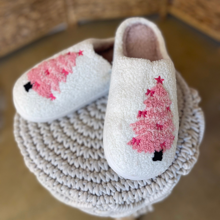 Barefoot Bliss Slide On Slippers in Ivory with Pink Christmas Tree