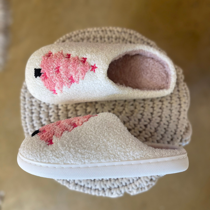 Barefoot Bliss Slide On Slippers in Ivory with Pink Christmas Tree