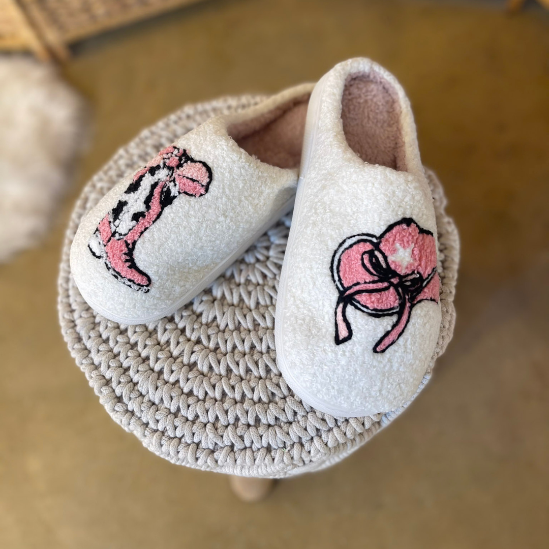 Barefoot Bliss Slide On Slippers in Ivory with Western Icons